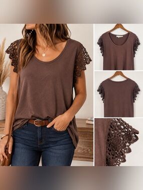C&C California XL Brown Crochet Lace Sleeve Top